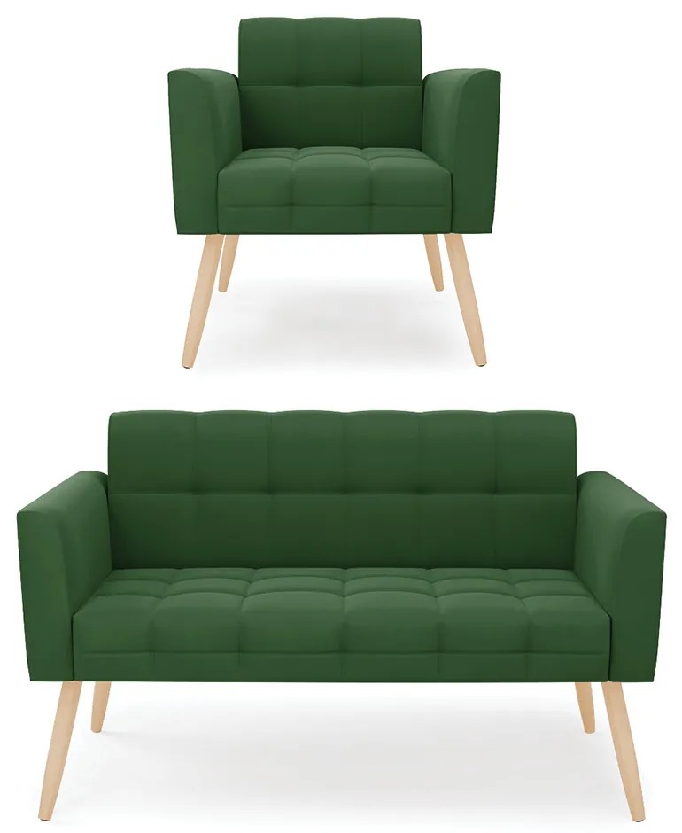 Kit 1 Sofá Namoradeira e 1 Poltrona Elisa Suede Verde Pés Palito Natural - D'Rossi