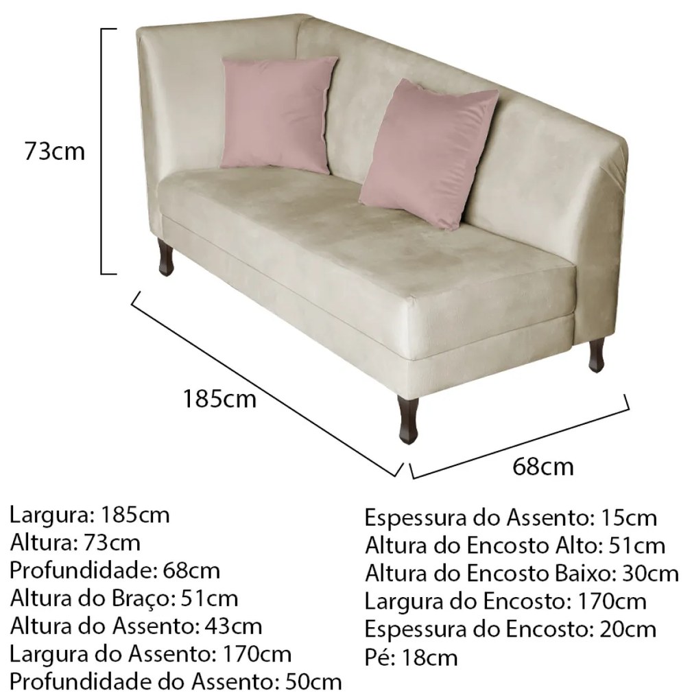 Divã Recamier Heitor 185cm Lado Direito Linho - ADJ Decor