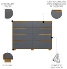 Cômoda Para Quarto 8 Gavetas 147cm Parma Z17 Freijó/Cinza - Mpozenato