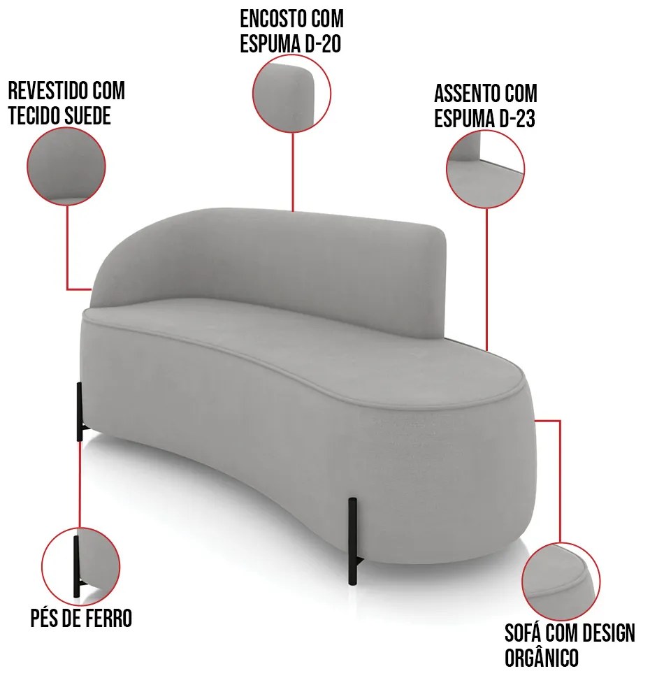 Sofá 3 Lugares Orgânico 180cm Pé Ferro Preto Morgan Suede D03 - D'Rossi - Cinza