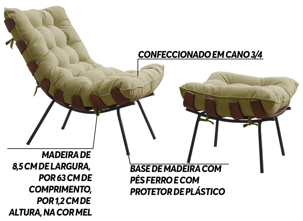 Conjunto Decorativo Poltrona e Puff Abel Base de Madeira Preto Veludo Bege G41 - Gran Belo