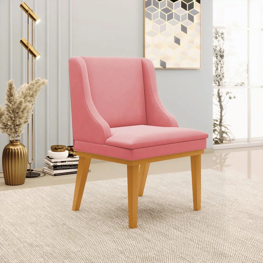 Poltrona Decorativa Base Fixa de Madeira Firenze Suede Rose/Castanho G19 - Gran Belo