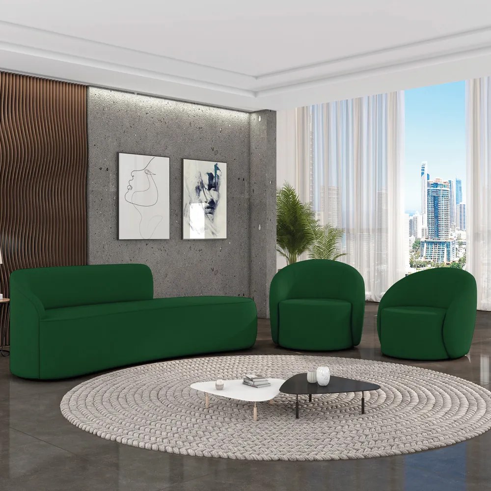 Sofá 4 Lugares Orgânico 220cm Morgan e 2 Poltronas Lua Suede D03 - D'Rossi - Verde