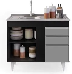 Balcão Gabinete Com Pia Inox 100cm 2 Portas 2 Gavetas Luziania Preto/C