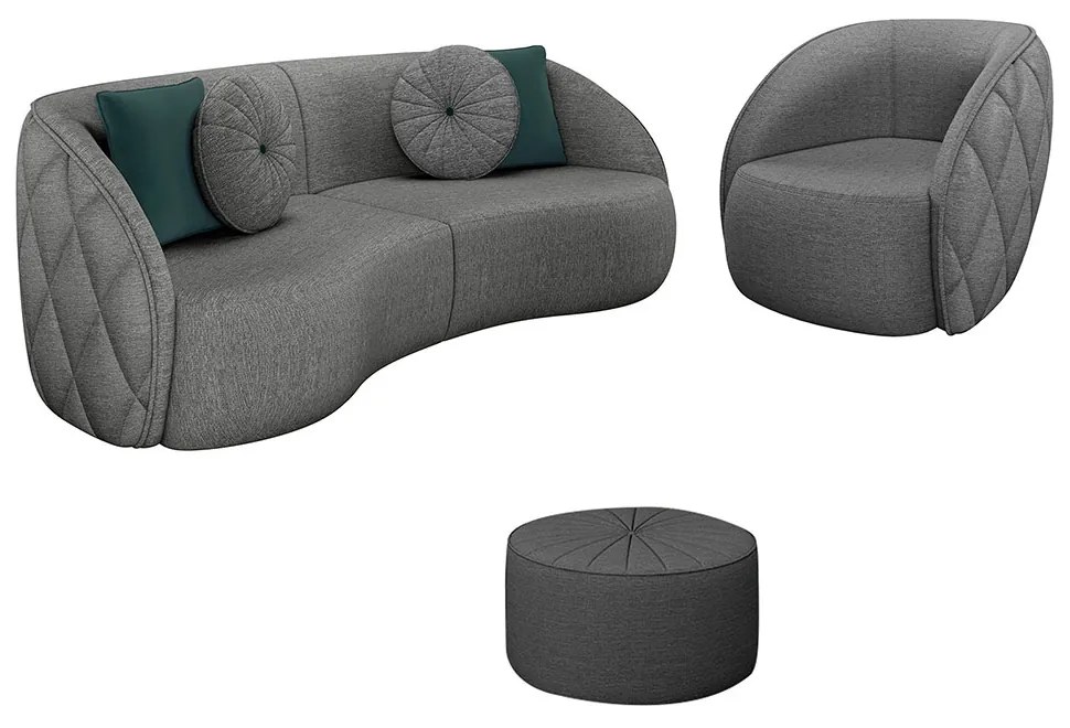 Conjunto Decorativo Sofá 288cm e Poltrona Clarke com Puff Round Linho Chumbo G45 - Gran Belo