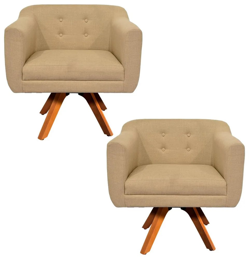 Kit 02 Poltronas Giratória Julia Linho Base Madeira MM30 D01 - D'Rossi - Palha A32