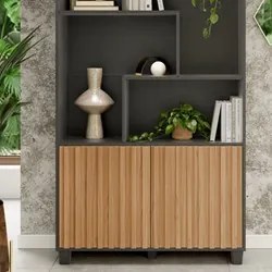 Estante Livreiro 2 Portas Ripadas Nessie D01 Preto Fosco/Freijó - Mpoz