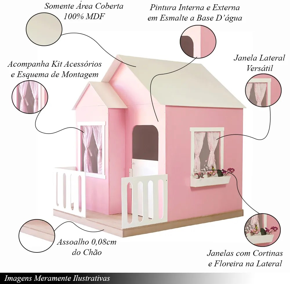 Casinha de Brinquedo Artesanal Janela Lateral Versátil com Cortinas MDF Rosa/Branco L12 - Gran Belo