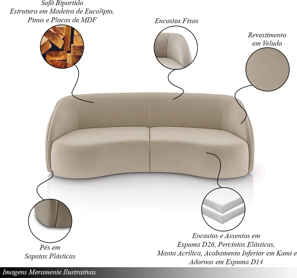 Sofá Decorativo Sala de Estar Bipartido 240cm Clarke Veludo Bege G45 - Gran Belo