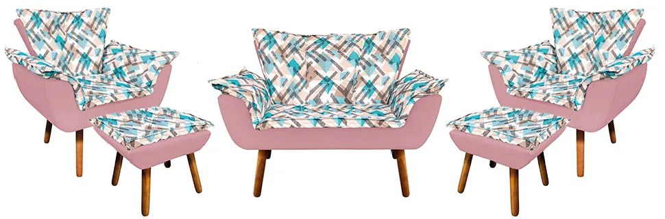 Kit 01 Namoradeira com 02 Poltronas e 02 Puffs Opala Composê Suede com Estampado Traçado Azul D33 Pés Palito Castanho - Rose
