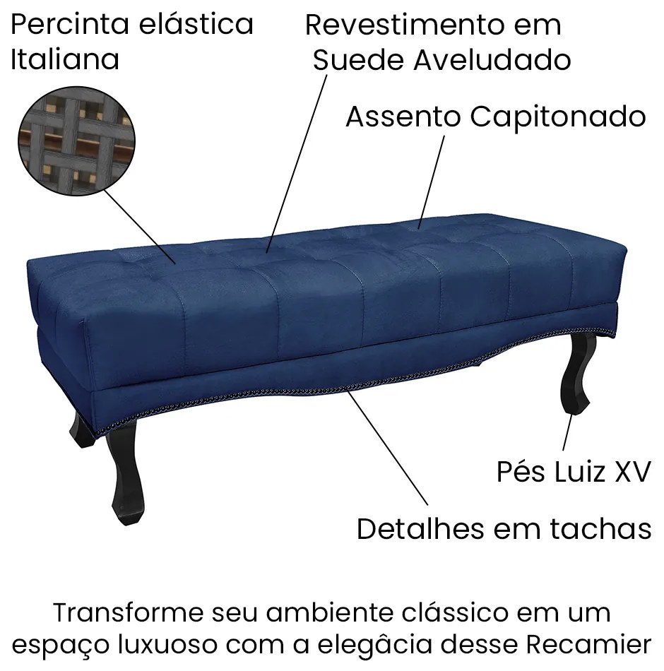 Puff Recamier Retrô Luis Xv Captonê para Quarto Vicenza 195cm Suede S04 - D'Rossi - Azul Marinho