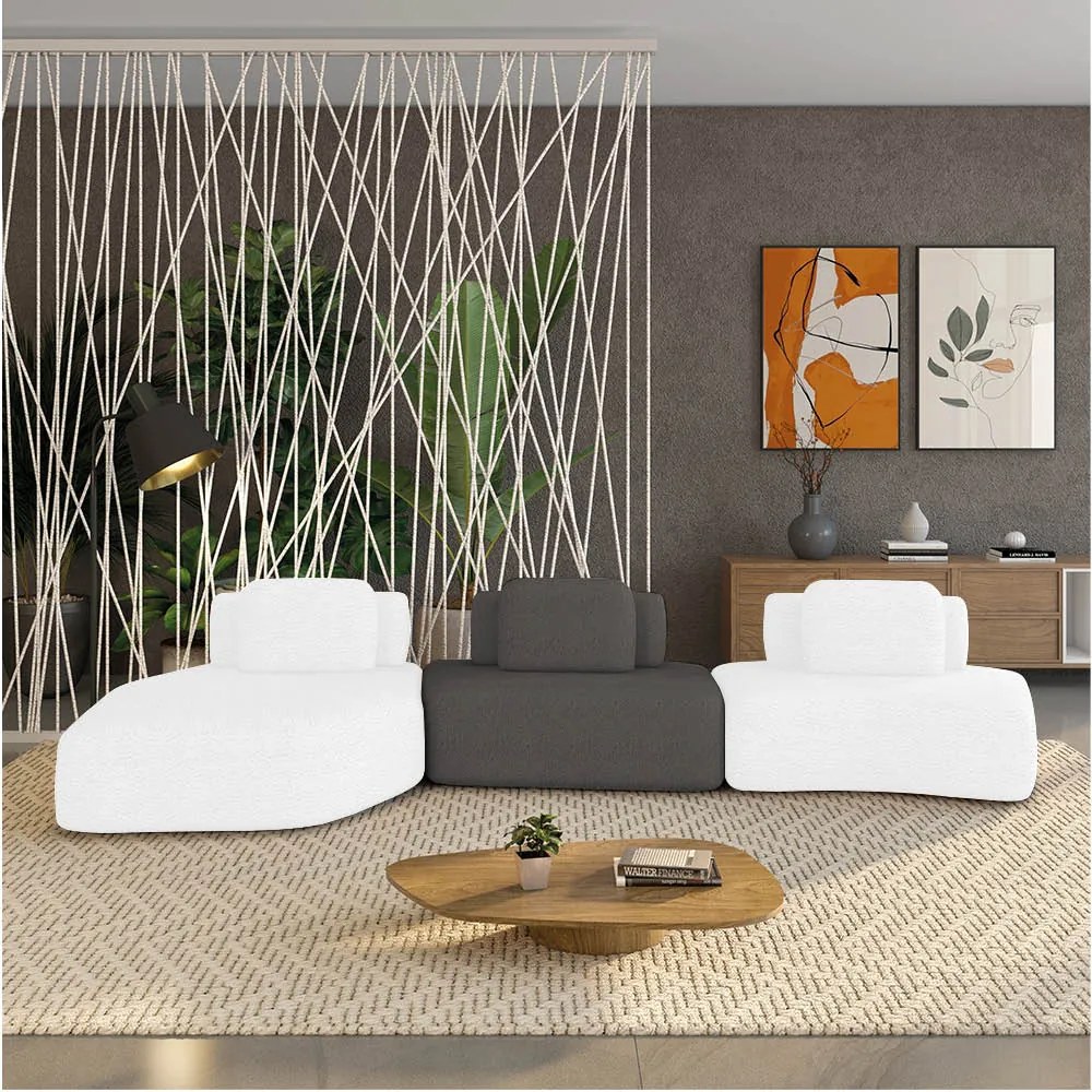 Sofá 3 Lugares Orgânico com Chaise e 2 Módulos Berlim Bouclê Off K01 - D'Rossi - Off White/Grafite