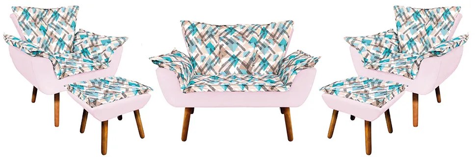 Kit 01 Namoradeira com 02 Poltronas e 02 Puffs Opala Composê Suede com Estampado Traçado Azul D33 Pés Palito Castanho - Rosa Bebê