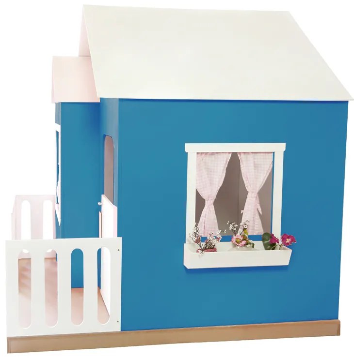Casinha de Brinquedo Artesanal Janela Lateral Versátil com Cortinas MDF Azul/Branco L12 - Gran Belo