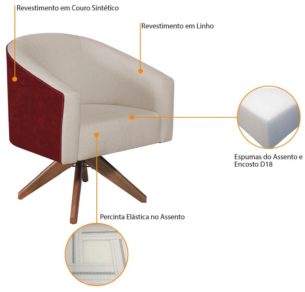 Kit 02 Poltronas Luiza Base Giratória de Madeira Factor Vermelho e Linho - ADJ Decor