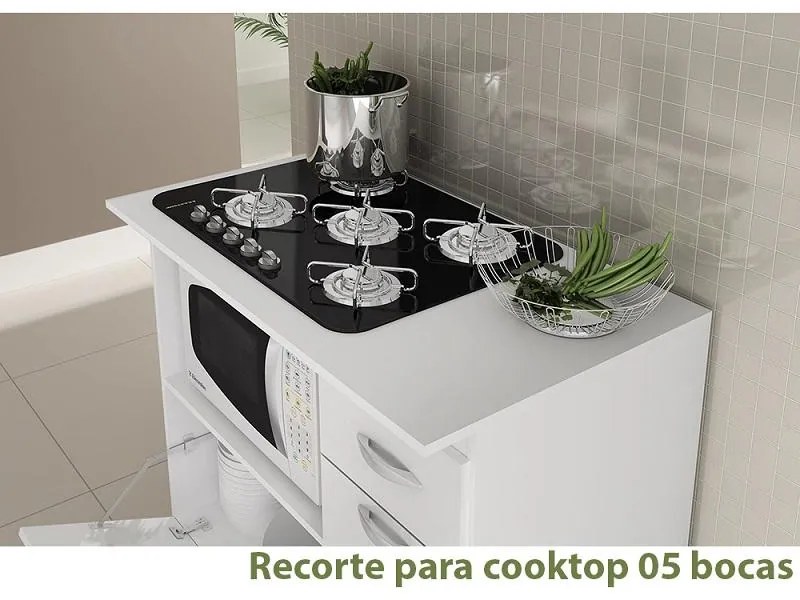 Balcão Multiuso Cooktop 5 bocas Microondas Branco Gaveta