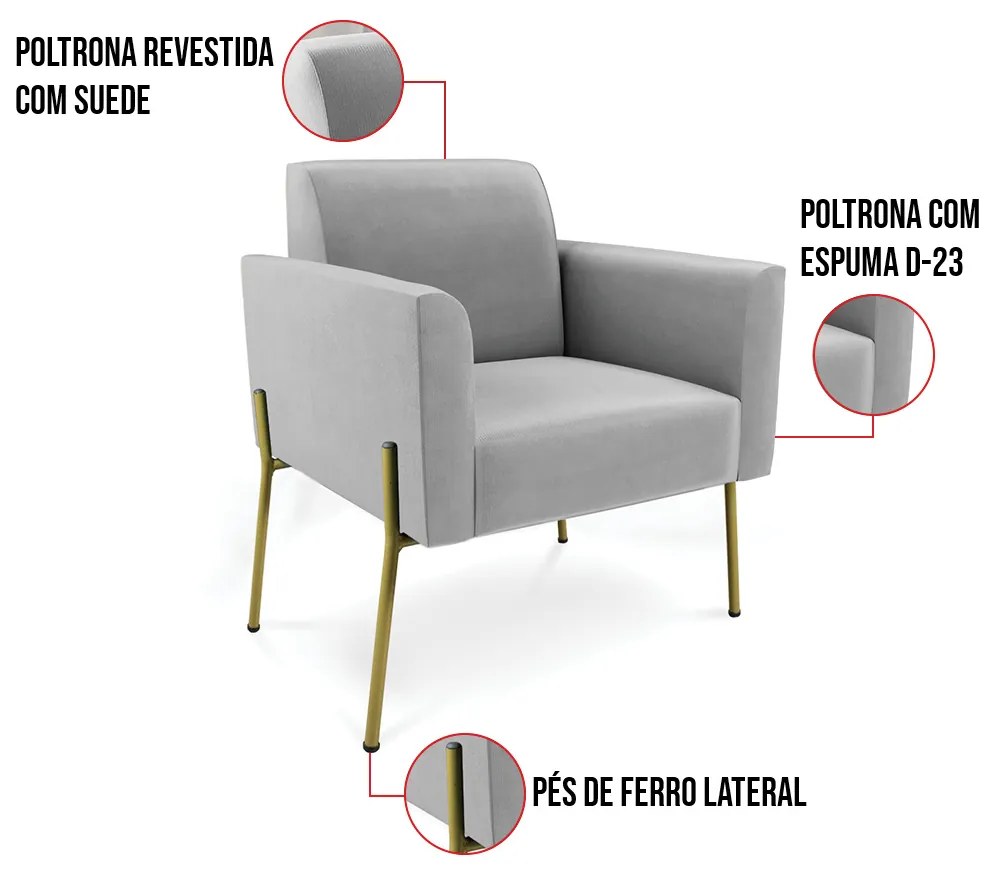 Poltrona Pé de Ferro Dourado Decorativa Kit 2 Marisa Suede D03 - D'Rossi - Cinza