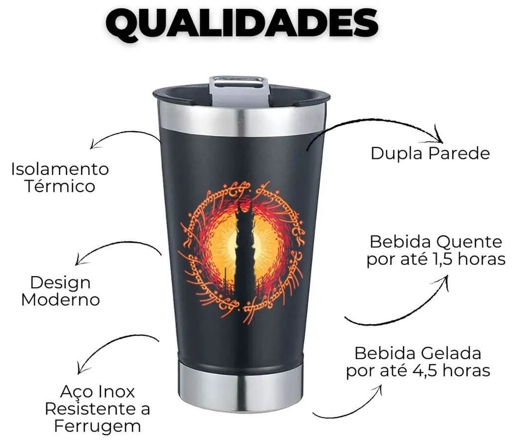 Copo Térmico Mordor Ring - Senhos dos Anéis Com Tampa e Abridor Chopp
