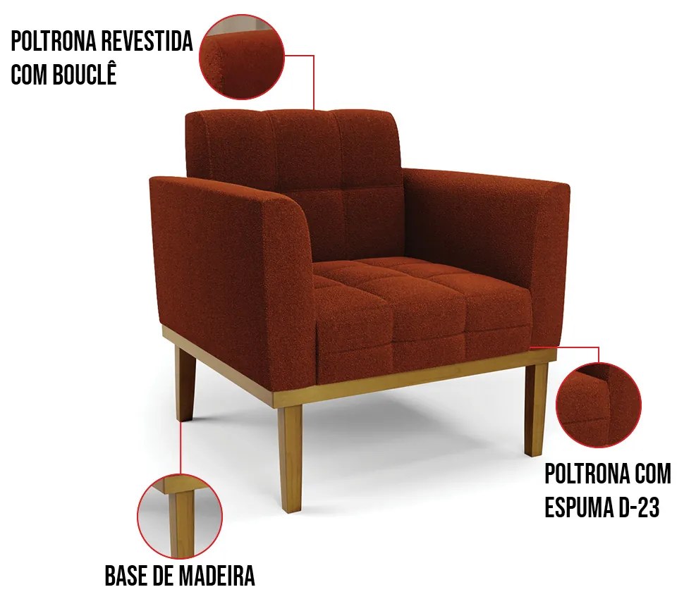 Poltrona Sala Base Madeira Fixa Castanho Kit 2 Elisa Bouclê D03 - DRossi - Terra