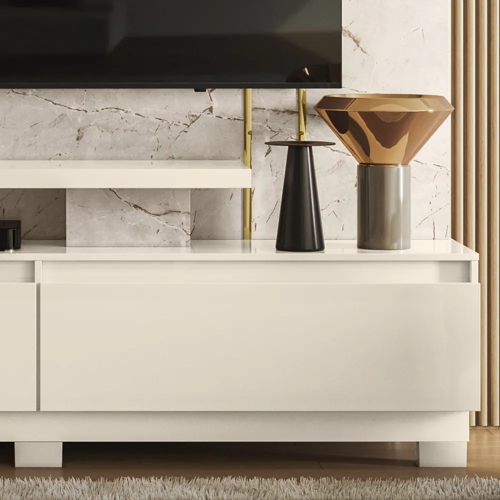 Estante de TV 75 Pol 183cm com Pé Sala Belora M20 - D'Rossi - Calacata e Off White
