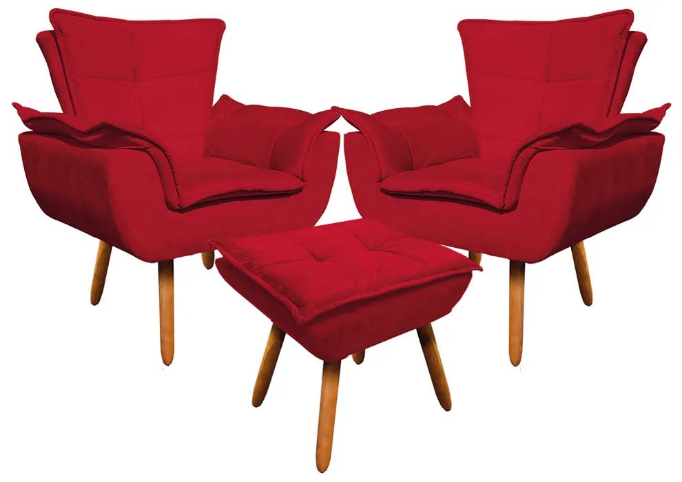 02 Poltronas e 01 Puff Pé Palito de Madeira Opala Suede - Vermelho