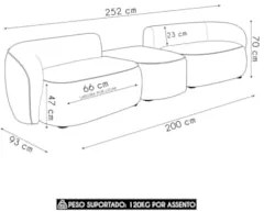 Sofá 3 Lugares Com Puff 252cm Orgânico Lyor Suede Bege Z55  - Mpozenat