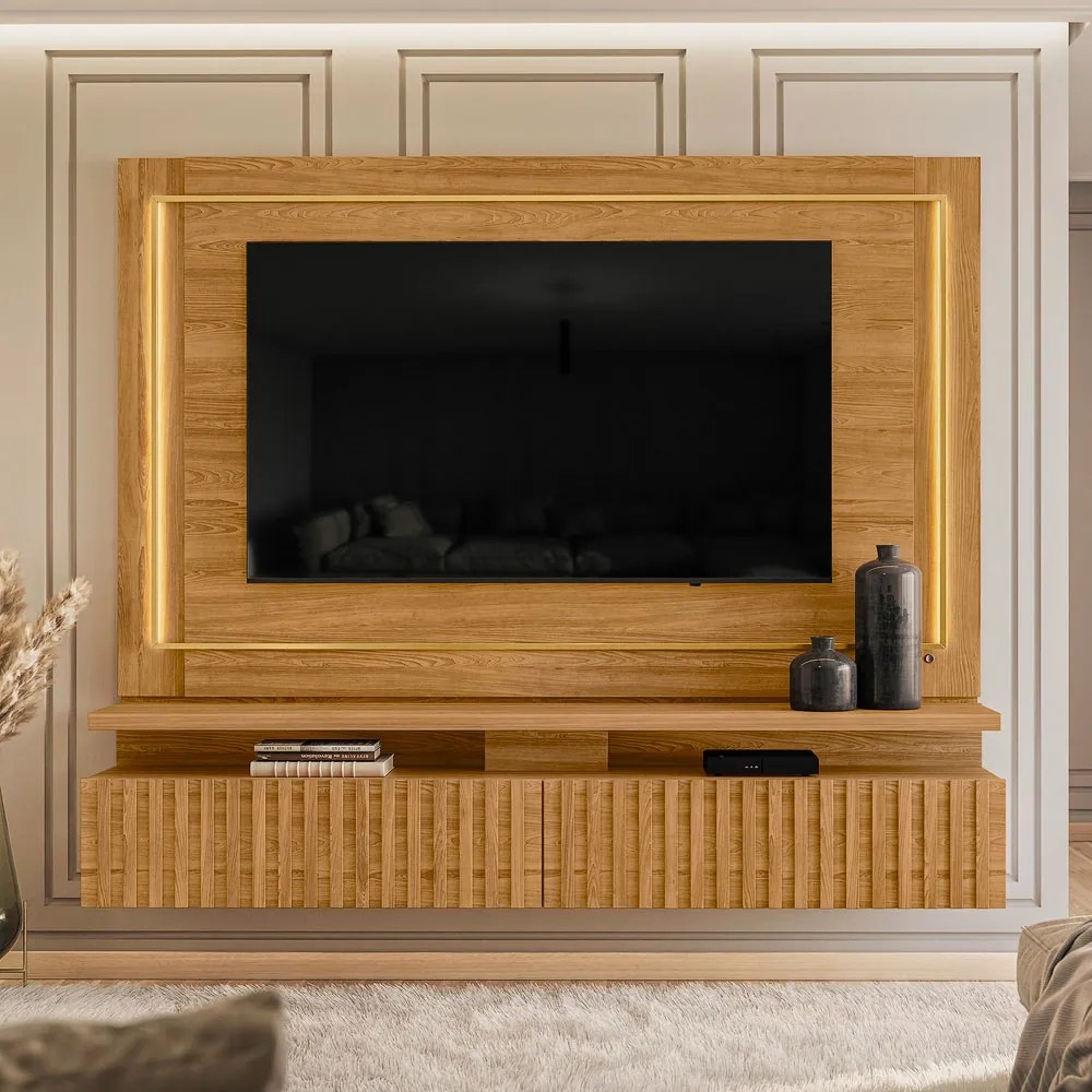 Painel TV 75 Pol 216cm Bancada Suspensa Ripado Lurian Cumaru M20 - D'Rossi