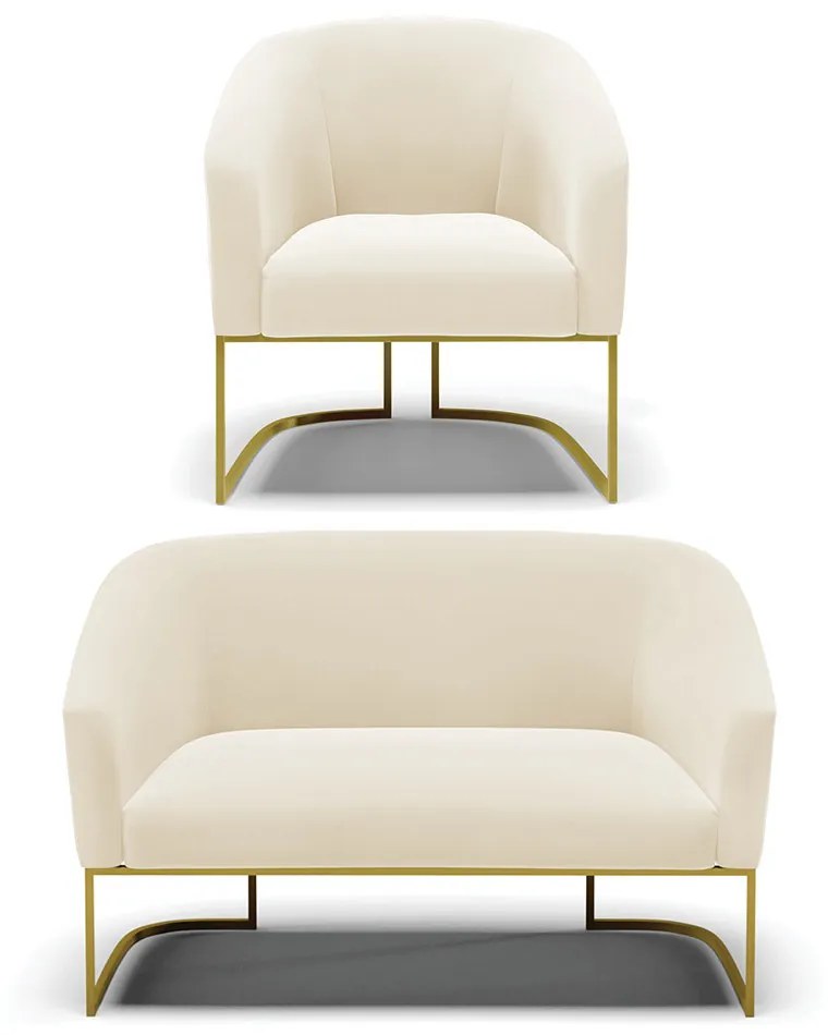 Sofá Namoradeira e Poltrona Base Industrial Dourado Stella Veludo D03 - D'Rossi - Bege