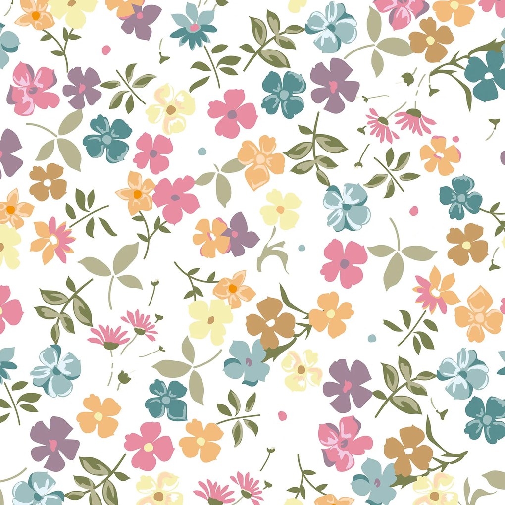 Papel de Parede Floral Laranja Rosa Roxo Amarelo Verde e Branco
