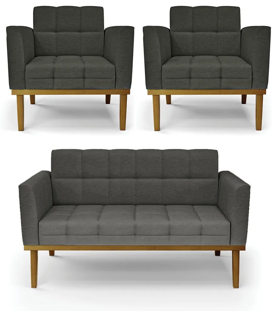 Conjunto 2 Poltronas e 1 Namoradeira Decorativa Karen Pés Fixo em Madeira Castanho Linho Cinza Mesclado G19 - Gran Belo