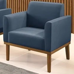 Poltrona Decorativa Base Madeira Castanho Maressa Suede Azul Marinho -