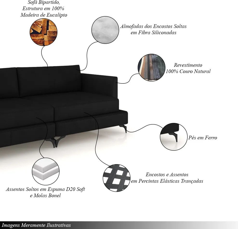 Sofá Living Bipartido 230cm Indonésia Pés de Ferro Couro Preto G52 - Gran Belo