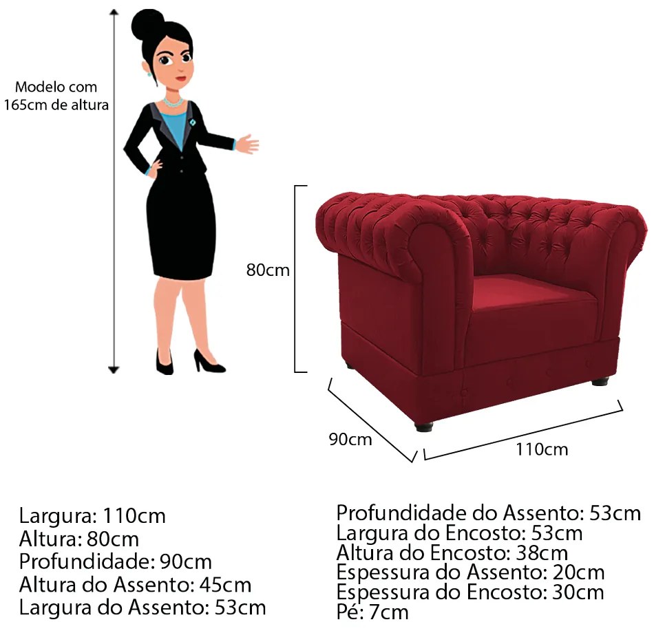 Kit Poltrona e Namoradeira Chesterfield Ana Suede Vermelho - ADJ Decor