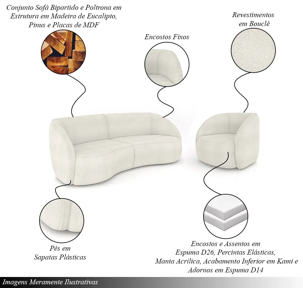 Conjunto Sofá Sala de Estar Bipartido 240cm e Poltrona Clarke Bouclê OffWhite G45 - Gran Belo