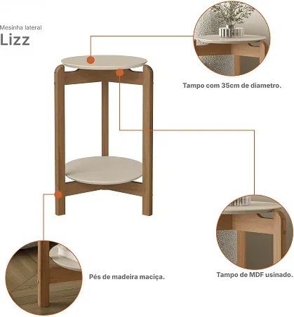 Mesa Lateral Lizz Off White/Cedro - Casa D Móveis