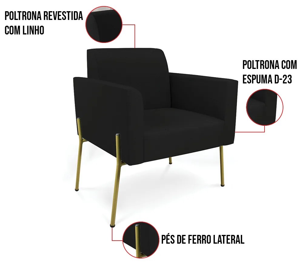 Poltrona Pé de Ferro Dourado para Sala Marisa Linho D03 - D'Rossi - Preto