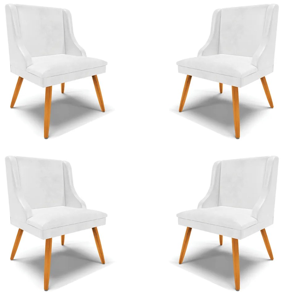 Kit 4 Cadeiras Decorativas Sala de Jantar Pés Palito de Madeira Firenze PU Branco Brilho/Natural G19 - Gran Belo