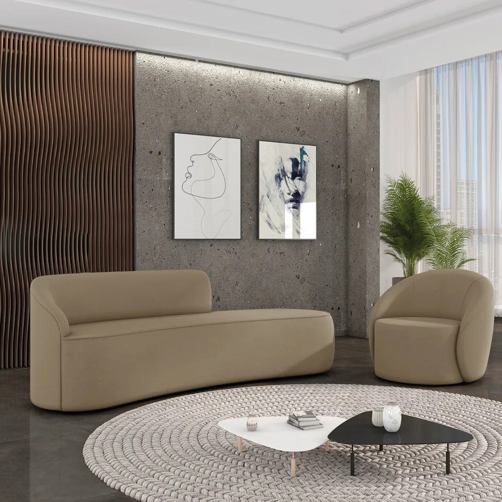 Sofá 4 Lugares Orgânico 220cm Morgan e Poltrona Lua Suede - Marrom Rato