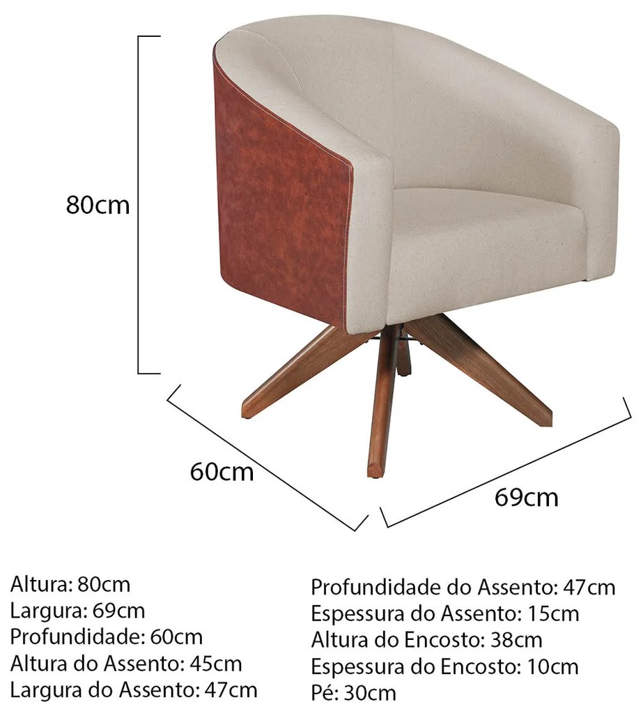 Poltrona Luiza Base Giratória de Madeira Corano Nozes e Linho Bege - ADJ Decor