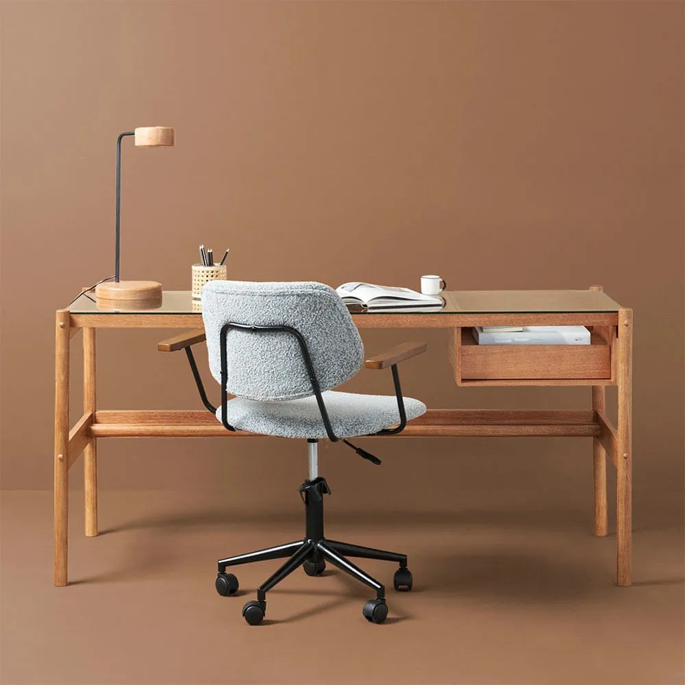 Conjunto Office - Escrivaninha Arp Nozes com Tampo Vidro Incolor 1,60m + Cadeira de Escritório Collin Cinza