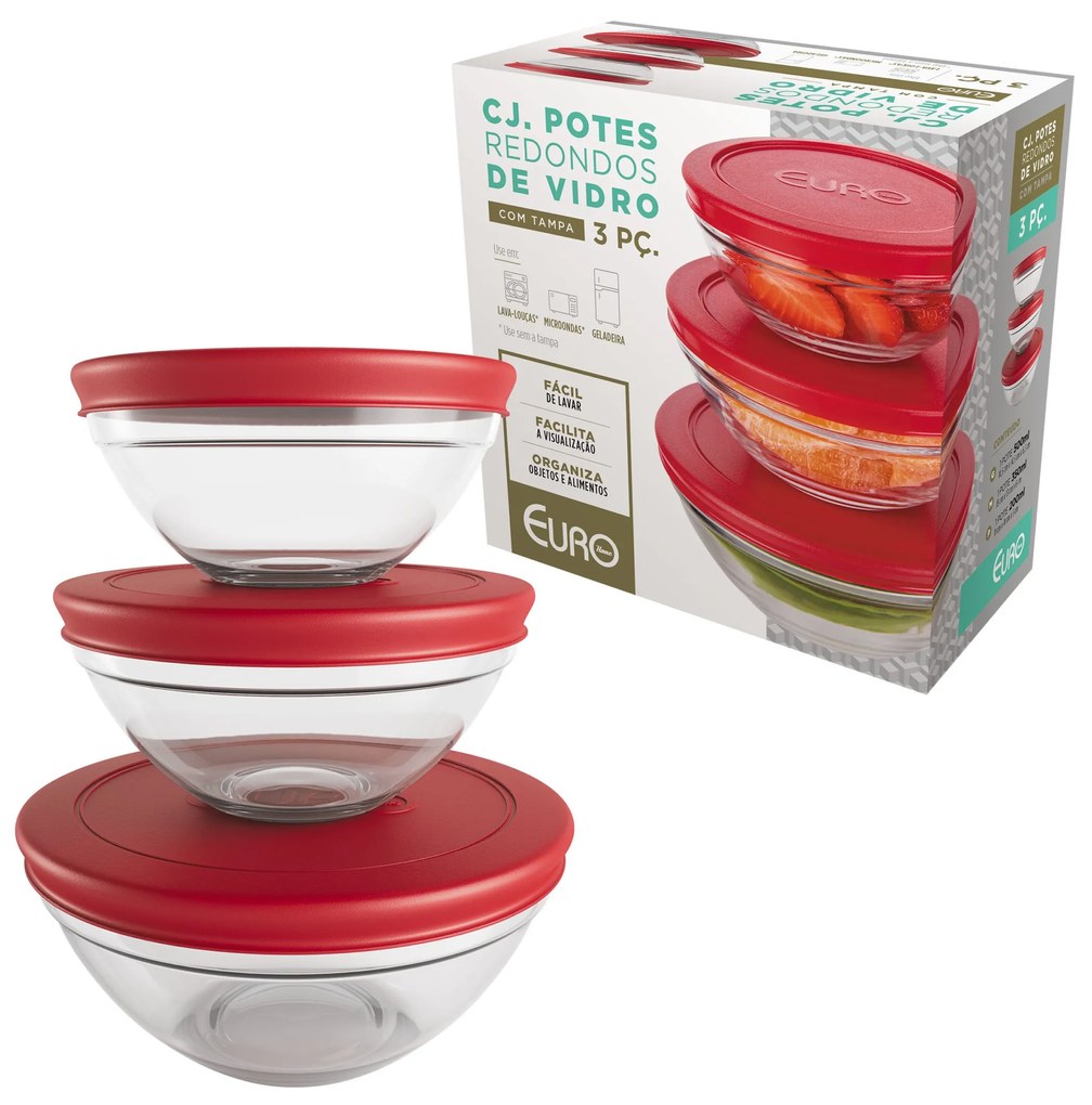 Conjunto de Potes de Vidro Com Tampa Vermelho (3 Peças)