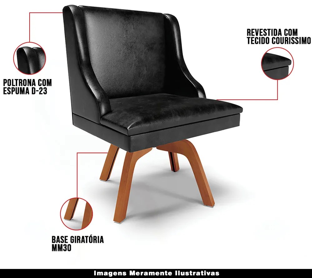 Kit 4 Cadeiras Decorativas Sala de Jantar Base Giratória de Madeira Firenze PU Preto Brilho/Natural G19 - Gran Belo