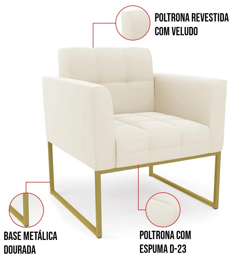 Kit 1 Sofá Namoradeira e 2 Poltronas Elisa Veludo Base Metálica Industrial Dourado D03 - D'Rossi - Bege
