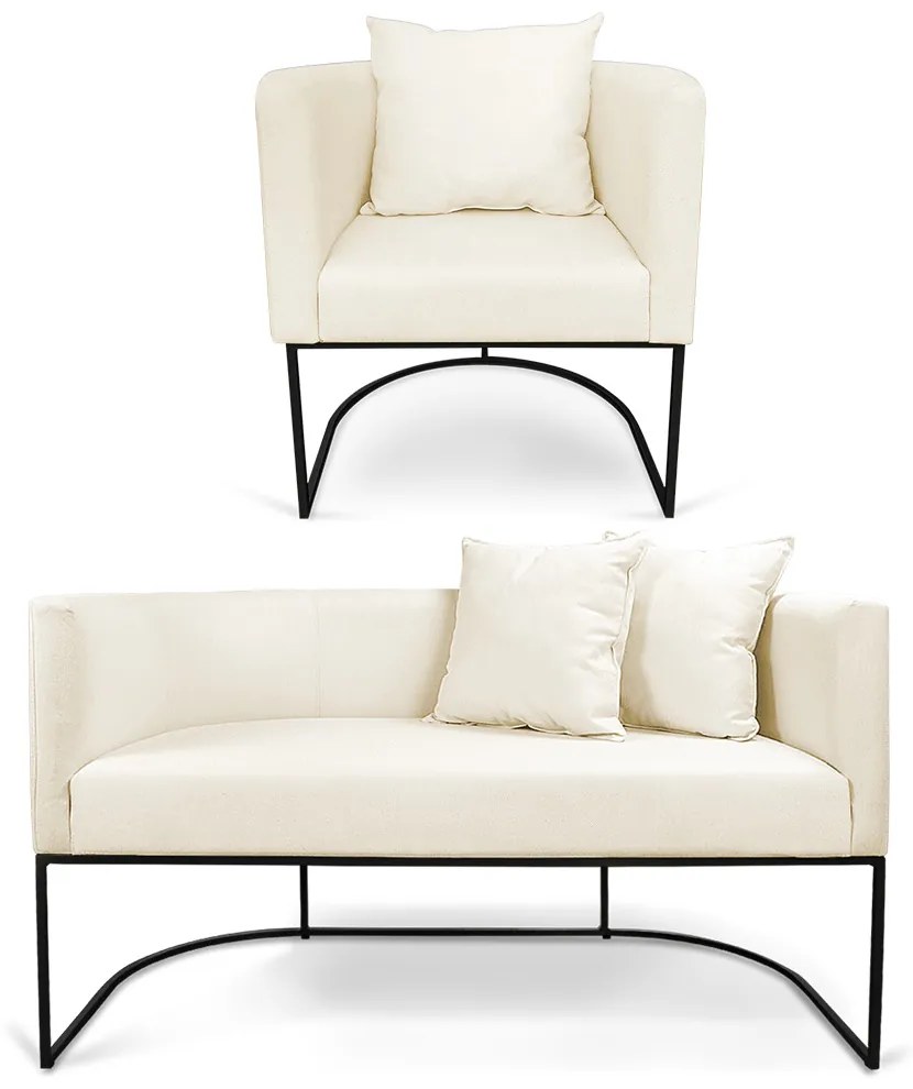 Kit 01 Namoradeira 02 Lugares e 01 Poltrona Paola Linho Base Metálica Preto D03 - D'Rossi - A19 Grosso Bege