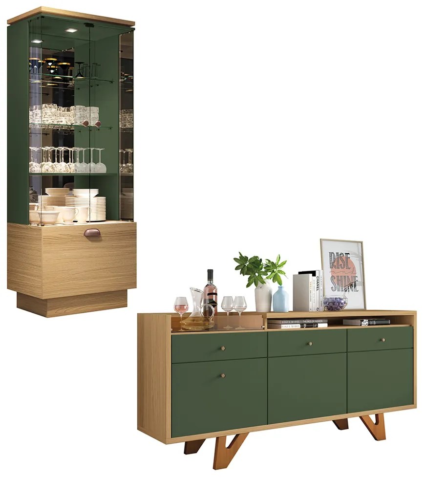 Conjunto Decorativo Cristaleira e Buffet Aparador Peggy/Noeli Freijó/Verde Pistache G26 - Gran Belo