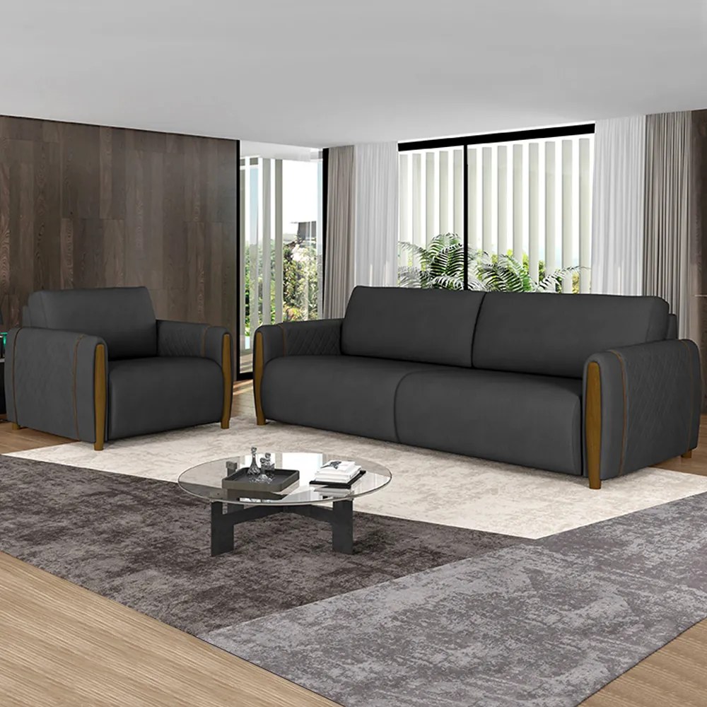 Poltrona Decorativa Pés Madeira Maceió PU Preto G45 - Gran Belo