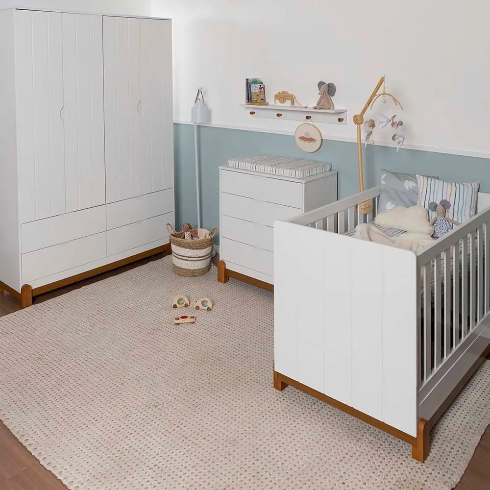 Kit Quarto Infantil Lotus - Berço Mini Cama com Frisos + Cômoda 4 Gavetas + Guarda-Roupa 4 Portas e 4 Gavetas - Branco Fosco