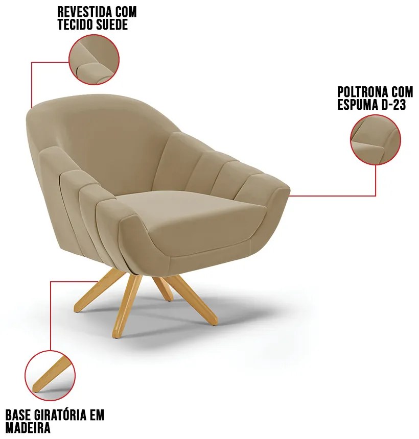 Kit 01 Namoradeira 02 Lugares e 02 Poltronas Giratória Giovana Suede Base Madeira MA30 D03 - D'Rossi - Marrom Rato