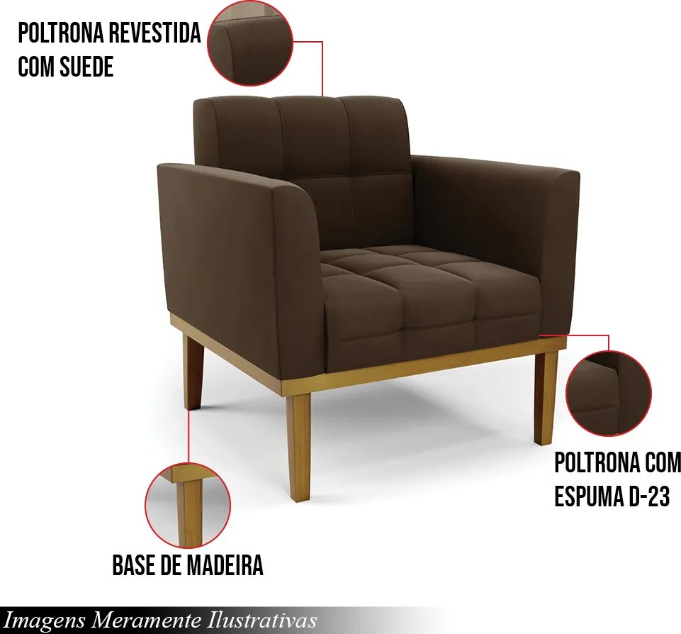 Poltrona Decorativa Karen Pés Fixo em Madeira Castanho Suede Marrom 19 - Gran Belo