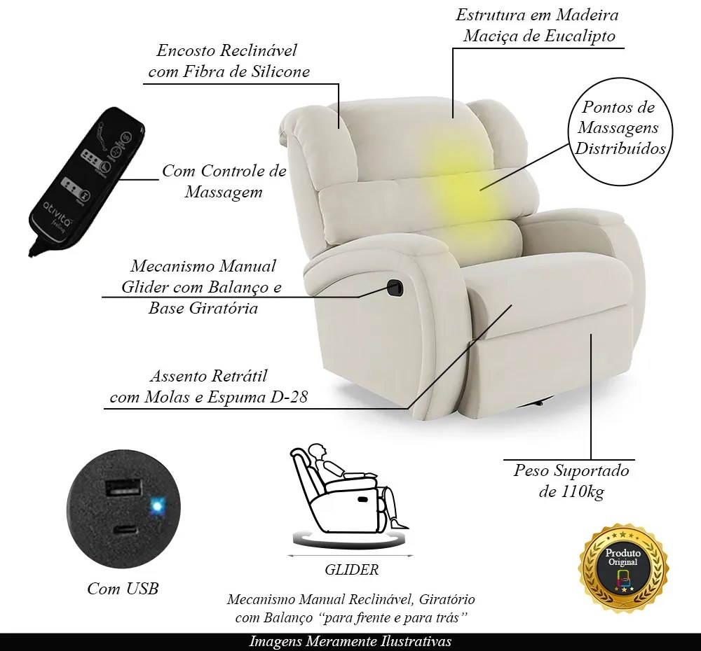 Poltrona do Papai Sala de Cinema Reclinável Kylie Glider Manual Giratória Massagem USB Veludo Bege G23